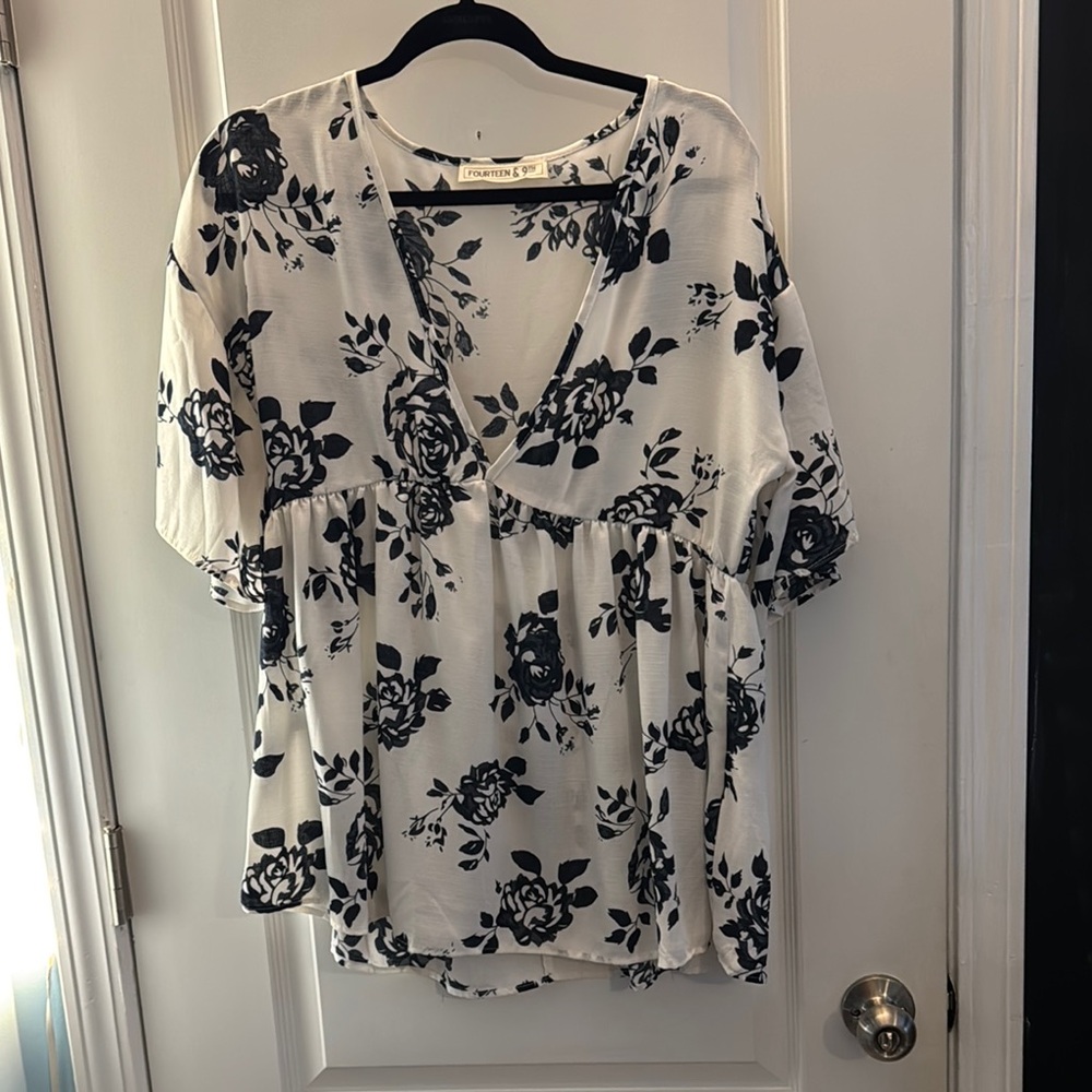 Blue and White Floral Puff Sleeve Blouse
